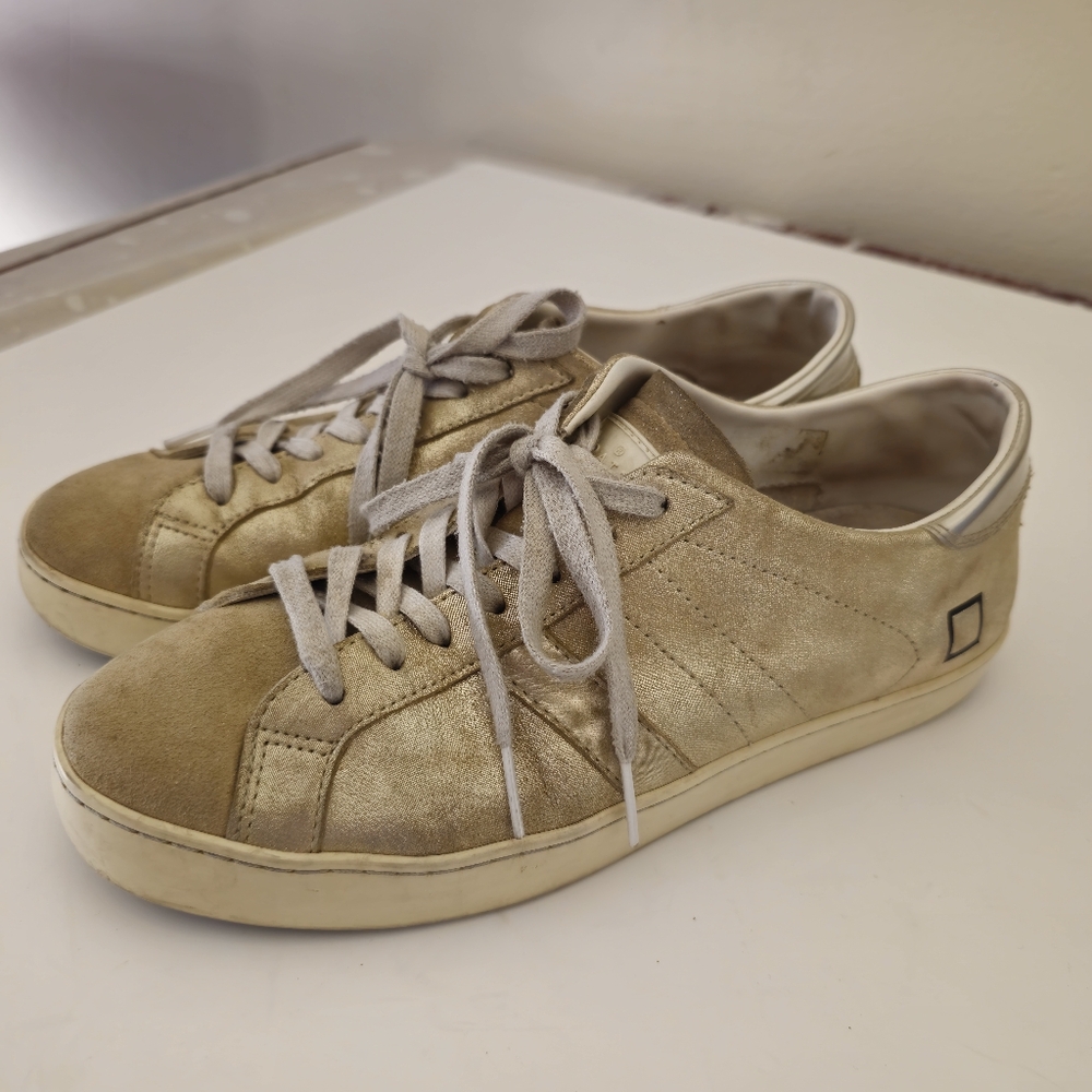 D.A.T.E Gold Leather Sneakers Women 8.5 Men 7  Casual 36 Hill Low Stardust